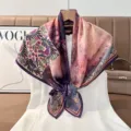 Women's artistic printed square silk scarf, elegant retro fashion neckerchief for daily wear and travel. - Color 38
