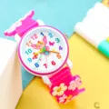Leuke kinder horloge met fee en roze bloem siliconen band en kleurrijke cijfers. - Bloemen in rozerood