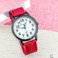 Kids quartz watch with red nylon canvas strap, black case and clear numbers dial. - Red White