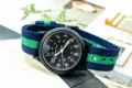 Men military quartz watch with blue green nylon strap and black dial for outdoor sports. - Blue-Green-Blue