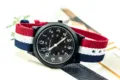 Casual nylon strap quartz watch for kids and men with black dial and clear numbers design. - Blue White Red