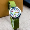 Kids casual nylon strap quartz watch with colorful numbers and round dial for daily wear. - Green