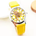 Cute children quartz watch with yellow leather strap, bee dial and clear Arabic numbers. - Flyman Yellow