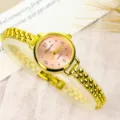 Women quartz watch with gold chain strap and pink dial main view product display - Fashion Style - Gold & Pink