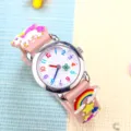 Kinder niedliche Einhorn Quarzuhr mit bunten Ziffern rosa Silikonarmband Freizeit Modegeschenk - Einhorn Rosa & Silber