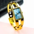 Reloj de cuarzo con pulsera cuadrada dorada de moda para mujer, estilo elegante. - Azul Oro