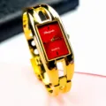 Reloj de pulsera de cuarzo dorado para mujer, elegante esfera cuadrada roja elegante. - Dorado Rojo