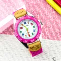 Kinder quartz horloge met kleurrijke cijfers roze bezel en canvas band voor dagelijks - Rozerood