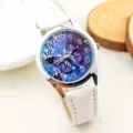 Children quartz watch with cute blue butterfly dial and white leather strap for kids. - Butterfly White