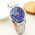 Children quartz watch with white leather strap, cute blue butterfly dial and clear numbers. - Butterfly Grey