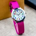 Kinder Quarzuhr mit pinkem Nylonarmband und buntem Zifferblatt für den Alltag geeignet. - Leuchtzeiger Rosarot