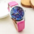 Cute kids quartz watch featuring a pink leather strap and blue butterfly dial for daily wear. - Butterfly Rose Red