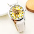 Kids white leather strap quartz watch featuring 3d bee honeycomb dial and clear numbers style. - Flyman White