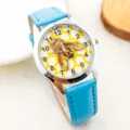 Cute kids quartz watch with blue leather strap and 3D golden bee honeycomb dial for daily wear. - Flyman Blue