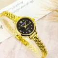 Women's gold quartz watch with black small dial and stylish chain bracelet strap. - Fashion Style - Gold & Black