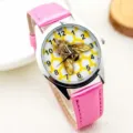 Children quartz watch with pink leather strap cute bee dial design for kids girls gifts - Flyman Rose Red