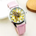 Kids pink leather strap quartz watch with cute golden bee honeycomb dial for students. - Flyman Pink