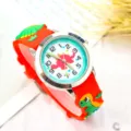 Kids cute cartoon dinosaur quartz watch with red silicone strap and luminous hands for kids. - Red