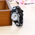 Kids 3D soccer quartz watch with black silicone strap, cute cartoon dial for school children. - Black