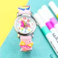 Cute kids 3D butterfly quartz watch with pink silicone strap for girls lovely gift - Butterfly - Pink & Silver