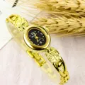 Gold quartz watch for women, elegant small oval dial and cute heart bracelet strap. - Fashion / Gold Black