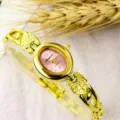 Gold quartz watch for women with pink oval dial and stylish heart bracelet strap variant. - Fashion / Gold Pink