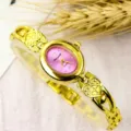 Women quartz bracelet watch with pink oval dial and gold heart chain links for daily wear. - Fashion / Gold Rose Red