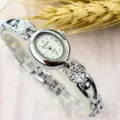 Women vintage minimalist oval dial quartz bracelet watch with heart charm strap, luxury. - Fashion / Silver White