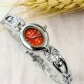 Women vintage quartz watch oval red dial bracelet strap minimalist stylish wrist watch - Fashion / Silver Red
