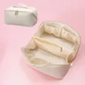 Large capacity woven PU leather cosmetic bag multi-functional makeup organizer for women travel - Milk Apricot White