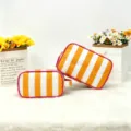 Orange and white striped cosmetic bag, large capacity travel toiletry bag with pink trim. - Large Size 25x8x17cm / Yellow White