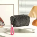 Grey leopard print plush cosmetic bag with pink wrist strap for women daily travel toiletry pouch - Black