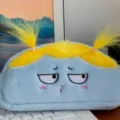 Cute fluffy pencil case with funny yellow hair pigtails, large capacity blue stationery pouch - Yellow Hair