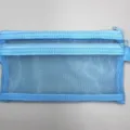 Light blue double layer mesh pencil case, transparent stationery pouch and cosmetic storage bag. - Blue