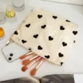 Chic white heart-print cosmetic bag with makeup brushes, stylish portable makeup organizer. - Makeup Bag