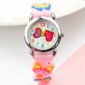 Kids pink silicone quartz watch with colorful 3D butterfly strap and heart dial for gifts. - Pink with Silver Case