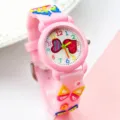 Kids pink silicone watch with colorful heart dial and 3d butterfly strap for girls gift - Pink Strap & Pink Case