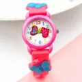 Kids Pink Silicone Watch 3D Butterfly Dial Quartz Wristwatch for Girls Students Gift - Rose Red with Rose Red Case