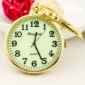 Gold quartz pocket watch with luminous dial, clear large numbers and keychain attachment. - Gold