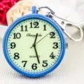 Blue quartz pocket watch with glowing dial and keychain for students daily use - Blue