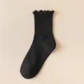 Women's black mid-calf ruffle edge socks, cute summer cotton blend trendy hosiery. - One Size / Black