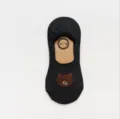 Women's low cut invisible boat sock, dark grey cotton with cute brown bear embroidery design. - One Size / Black