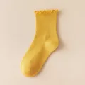 Women yellow ruffled mid-tube socks cute sweet style ribbed knit daily wear fashion. - One Size / Yellow