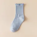 Light blue ruffled mid tube socks for women, sweet summer casual ribbed cotton hosiery item. - One Size / Blue