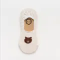 Women's low cut boat socks, cute little bear embroidery, beige invisible anti slip short socks. - One Size / Off White