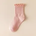 Pink ruffle trim mid tube socks women sweet Japanese style knitted hosiery summer thin - One Size / Pink