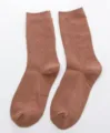 Women cotton mid-tube socks, casual solid color ribbed knit casual fashion footwear pair. - One Size / Coffee