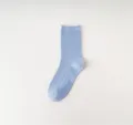 Light blue women's mid-calf ribbed cotton socks, classic Korean style casual daily wear. - One Size / Blue