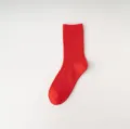 Solid red ribbed crew socks for women, classic cotton daily wear, comfortable versatile style. - One Size / Bright Red