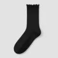 Black ribbed crew socks with delicate ruffled lace cuffs for sweet and stylish daily wear. - One Size / Black